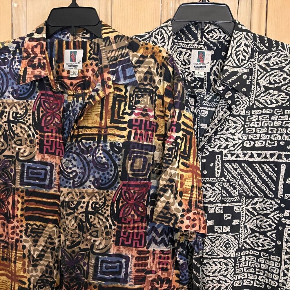 Tori Richard Mens Y2K Vintage 2 SET Tribal Hawaiian Shirt Sz. Large Brown SP EXC